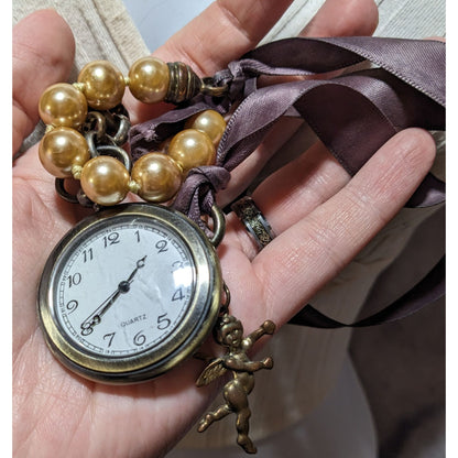 Upcycled Victorian Style Pearl Ribbon Watch Necklace