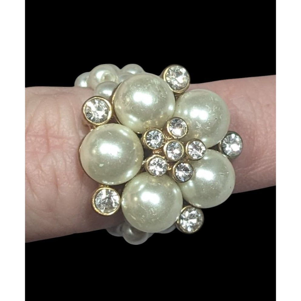 Vintage Roman Faux Pearl Rhinestone Stretch Cluster Ring Size 7