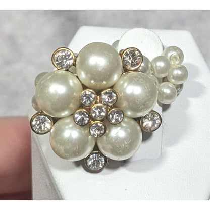 Vintage Roman Faux Pearl Rhinestone Stretch Cluster Ring Size 7