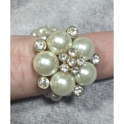 Vintage Roman Faux Pearl Rhinestone Stretch Cluster Ring Size 7