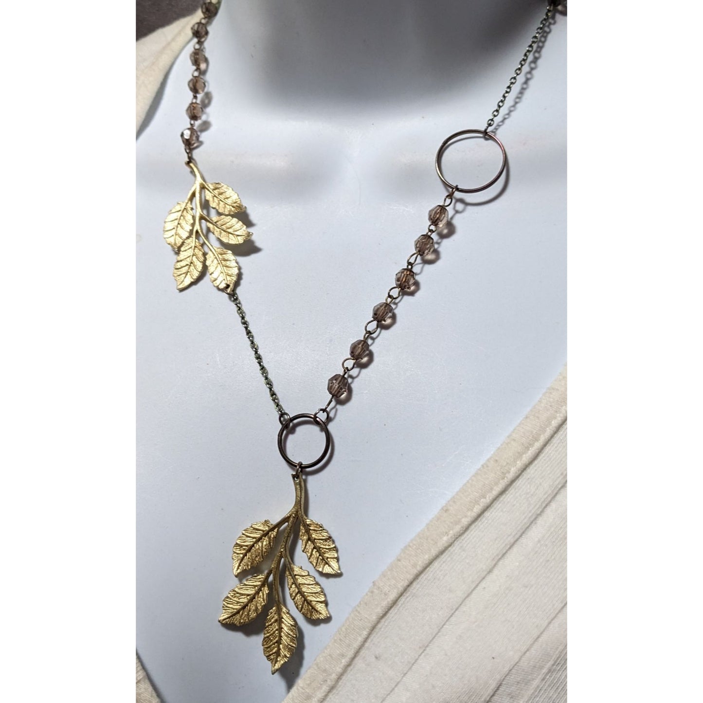 Asymmetrical Gold Beaded Leaf Necklace