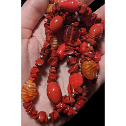 Red Jasper Chip And Glass Beaded Necklace