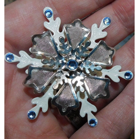 Vintage Winter Snowflake Brooch White And Silver Tone With Blue Rhinestones