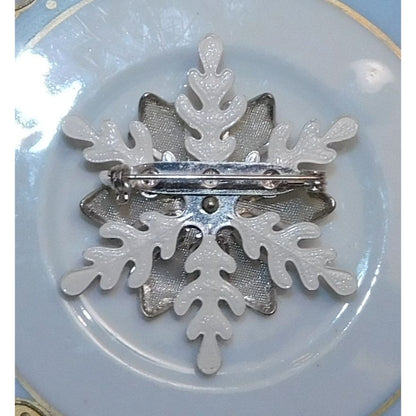 Vintage Winter Snowflake Brooch White And Silver Tone With Blue Rhinestones