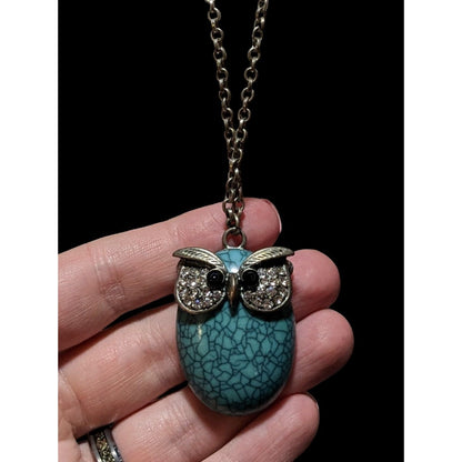 Turquoise Rhinestone Owl Necklace