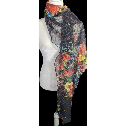 Komarov Sheer Textured Floral Chiffon Scarf 86"x24" Black Multicolor Lightweight Accessories Wrap