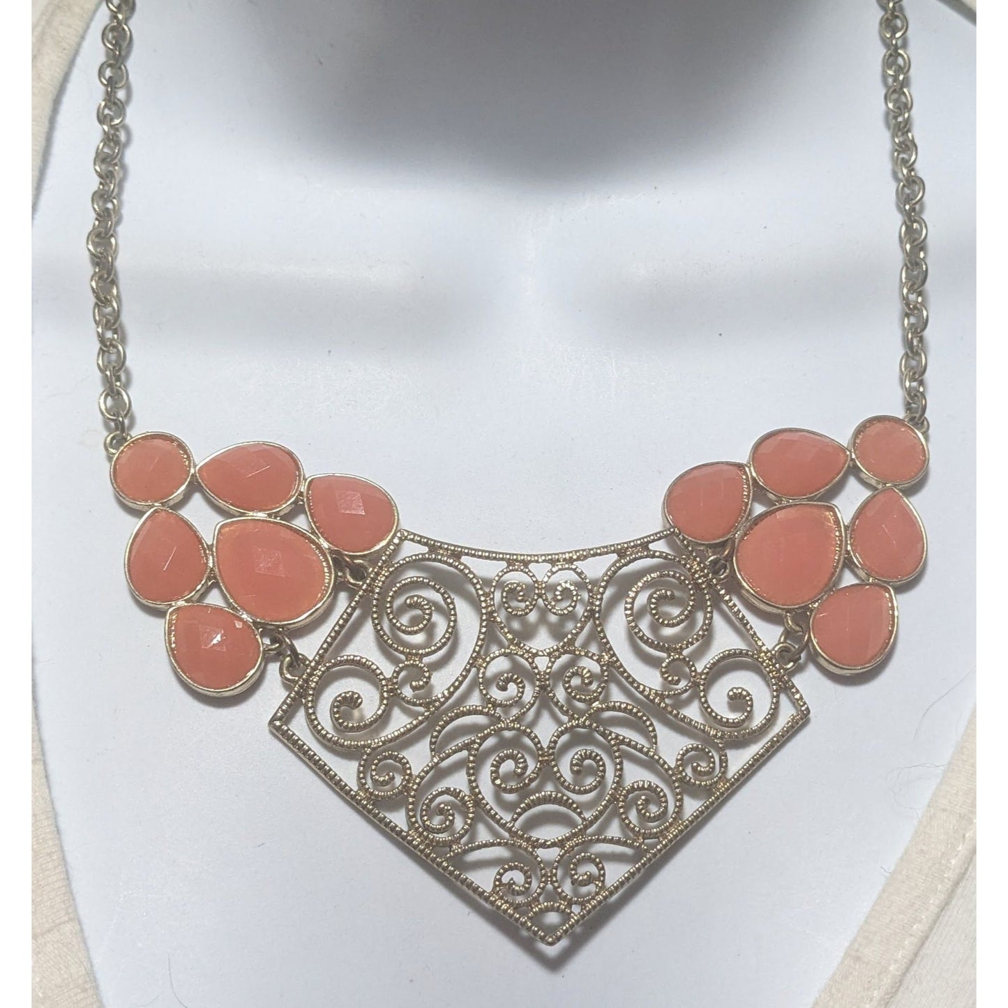 Vintage Gold Tone Filigree Bib Necklace With Orange Stones