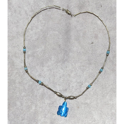 Vintage 90s Blue And Silver Turtle Necklace