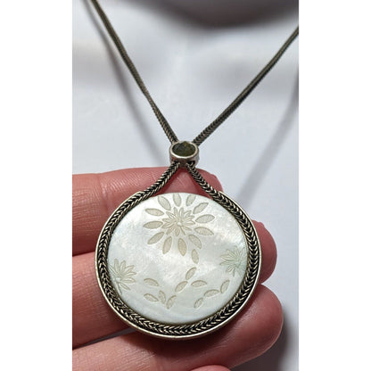 Vintage Versona Mother Of Pearl Carved Floral Pendant Necklace