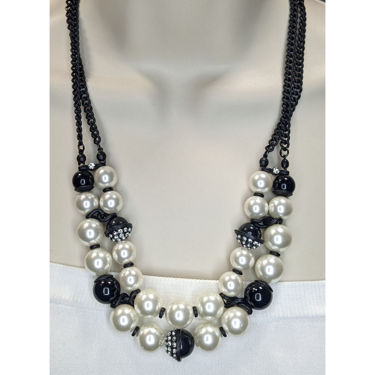 Glam Goth Black & Pearl Rhinestone Multi Strand Statement Necklace Chunky Y2K Style