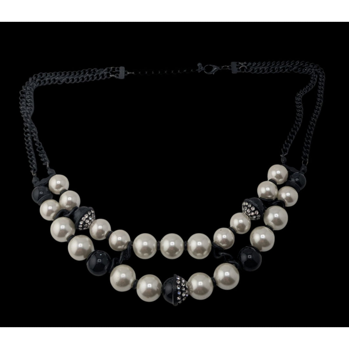 Glam Goth Black & Pearl Rhinestone Multi Strand Statement Necklace Chunky Y2K Style