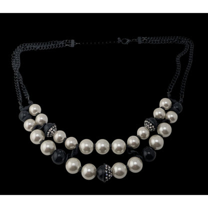 Glam Goth Black & Pearl Rhinestone Multi Strand Statement Necklace Chunky Y2K Style