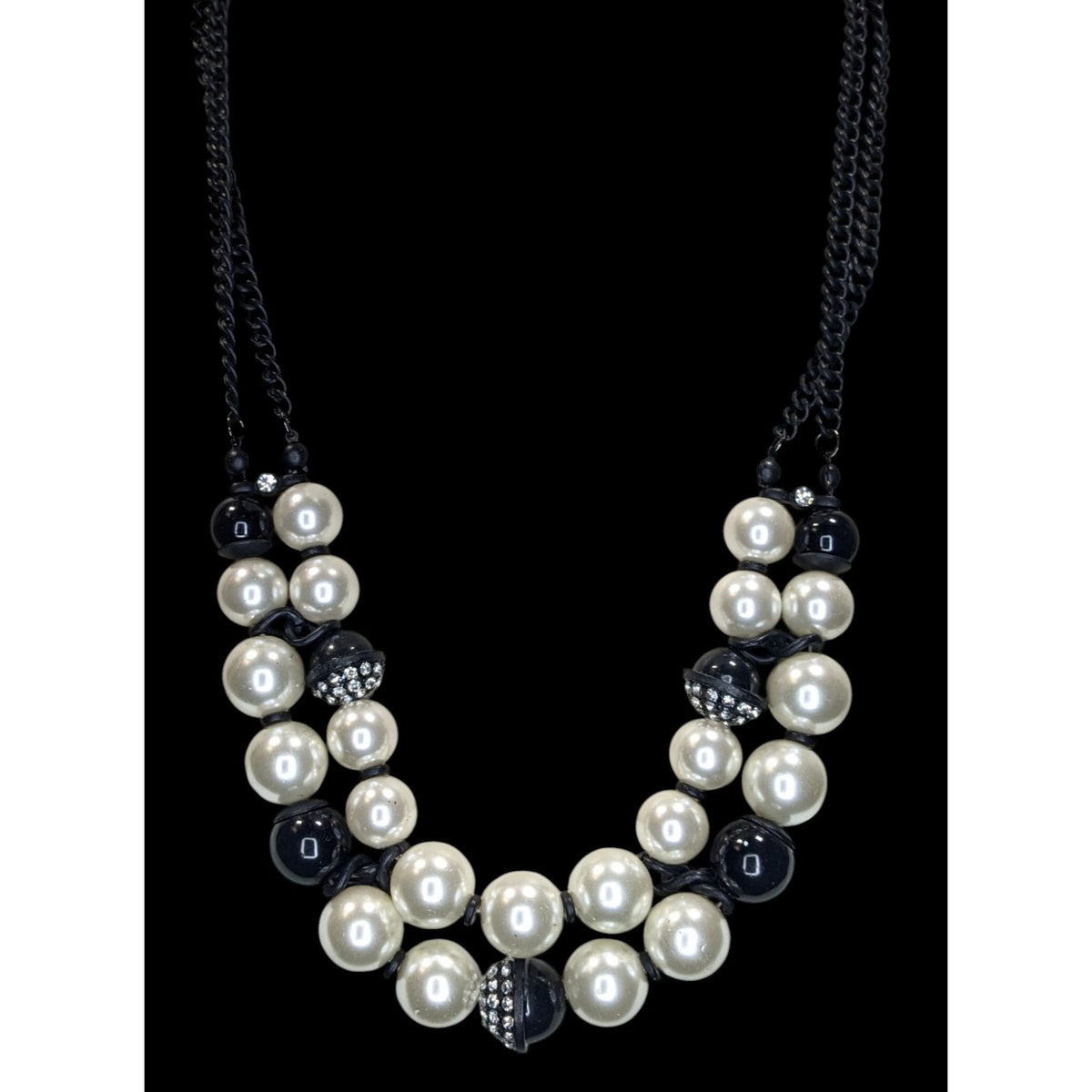 Glam Goth Black & Pearl Rhinestone Multi Strand Statement Necklace Chunky Y2K Style