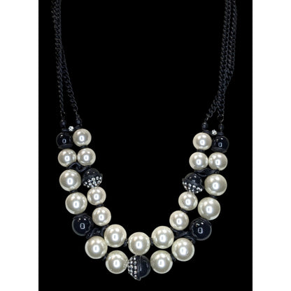 Glam Goth Black & Pearl Rhinestone Multi Strand Statement Necklace Chunky Y2K Style