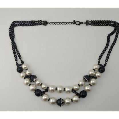 Glam Goth Black & Pearl Rhinestone Multi Strand Statement Necklace Chunky Y2K Style