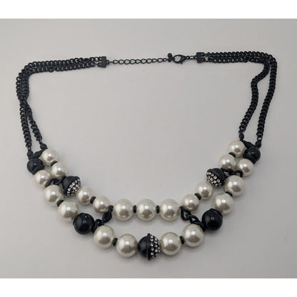 Glam Goth Black & Pearl Rhinestone Multi Strand Statement Necklace Chunky Y2K Style