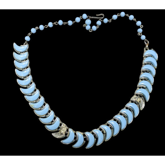 Vintage Coro Blue Moon Lucite Crescent Necklace Silver-Tone Choker 1950s Art Deco Style