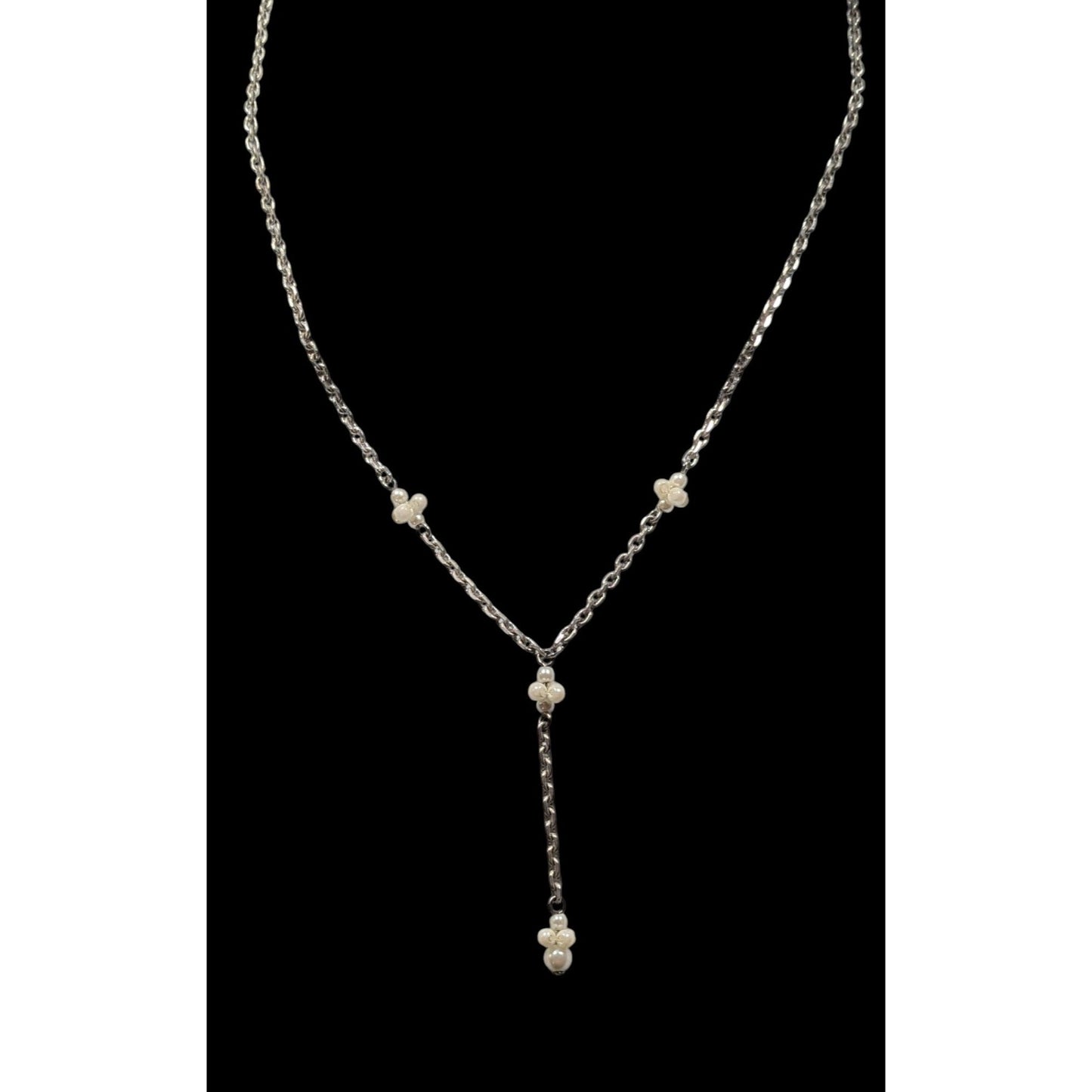Dainty Seed Pearl Silver Tone Chain Y Drop Necklace