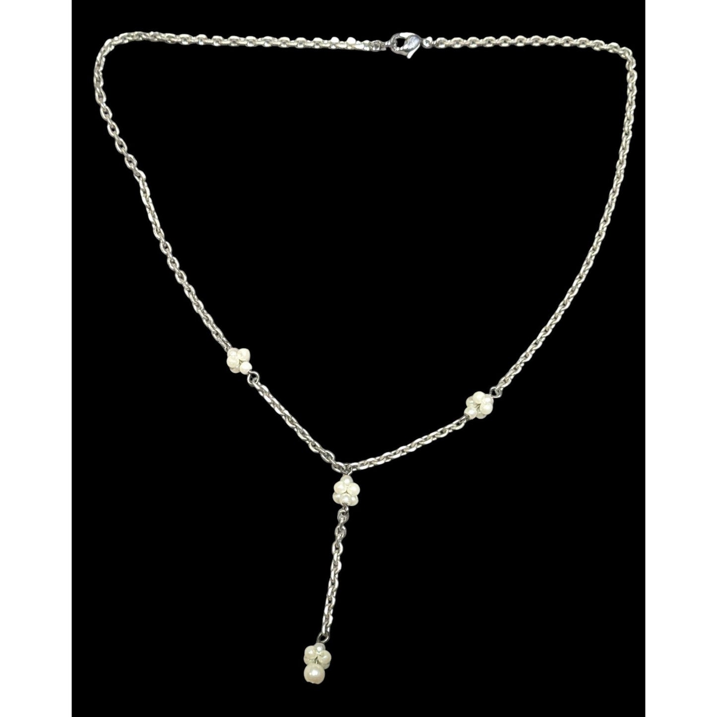 Dainty Seed Pearl Silver Tone Chain Y Drop Necklace