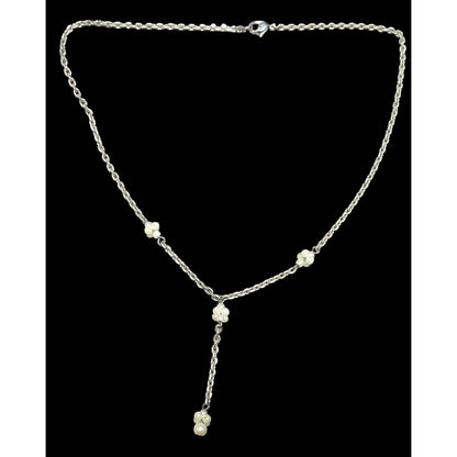 Dainty Seed Pearl Silver Tone Chain Y Drop Necklace