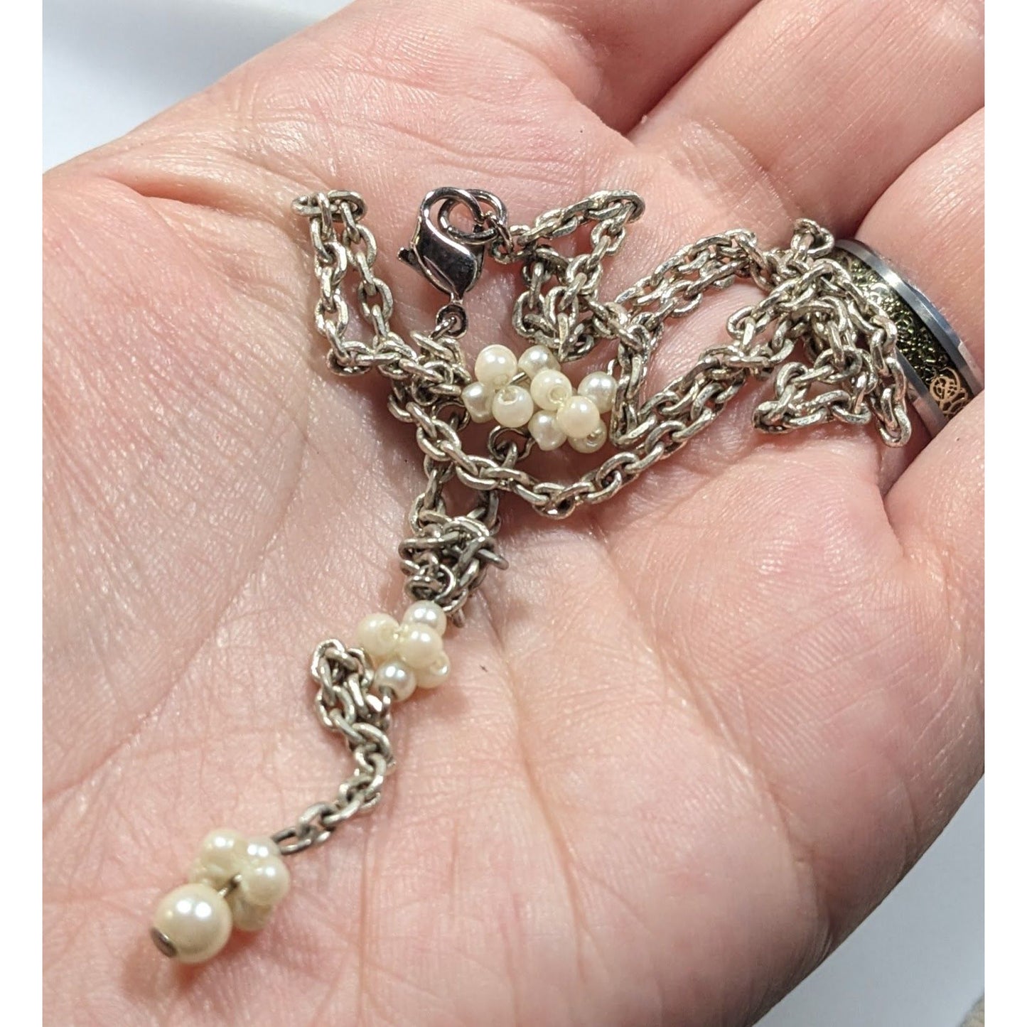 Dainty Seed Pearl Silver Tone Chain Y Drop Necklace