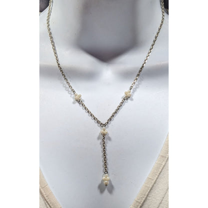Dainty Seed Pearl Silver Tone Chain Y Drop Necklace