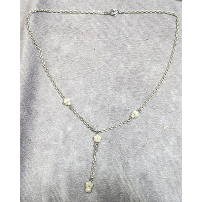 Dainty Seed Pearl Silver Tone Chain Y Drop Necklace
