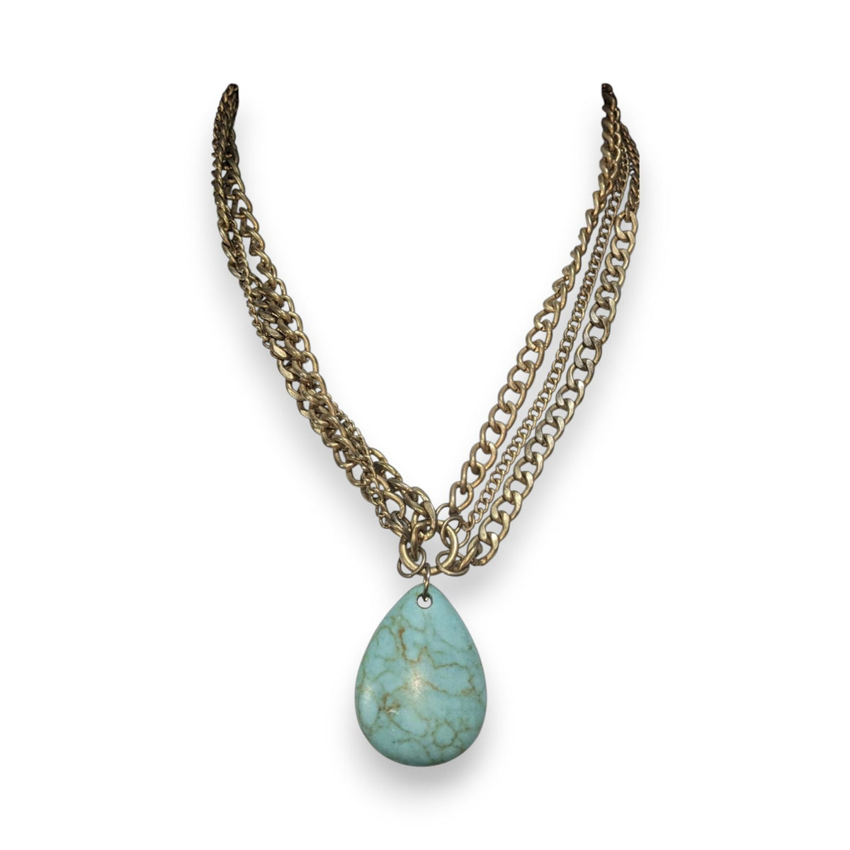 Boho Faux Turquoise Bronze Tone Teardrop Pendant Necklace 17 Inch Preowned