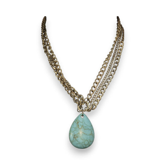 Boho Faux Turquoise Bronze Tone Teardrop Pendant Necklace 17 Inch Preowned