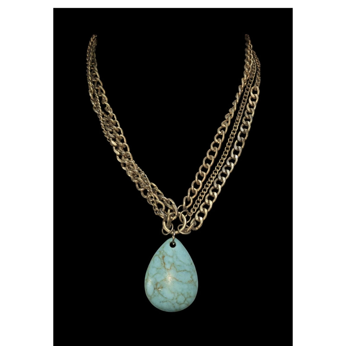 Boho Faux Turquoise Bronze Tone Teardrop Pendant Necklace 17 Inch Preowned