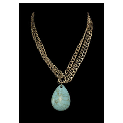 Boho Faux Turquoise Bronze Tone Teardrop Pendant Necklace 17 Inch Preowned