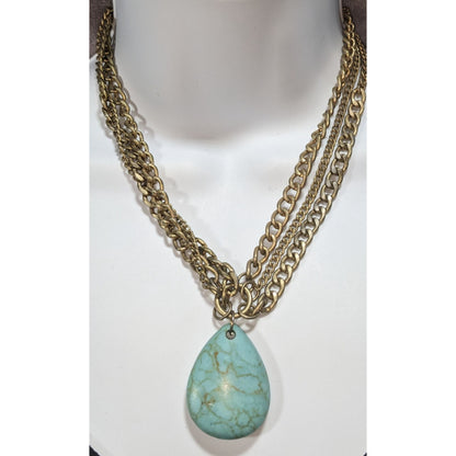 Boho Faux Turquoise Bronze Tone Teardrop Pendant Necklace 17 Inch Preowned