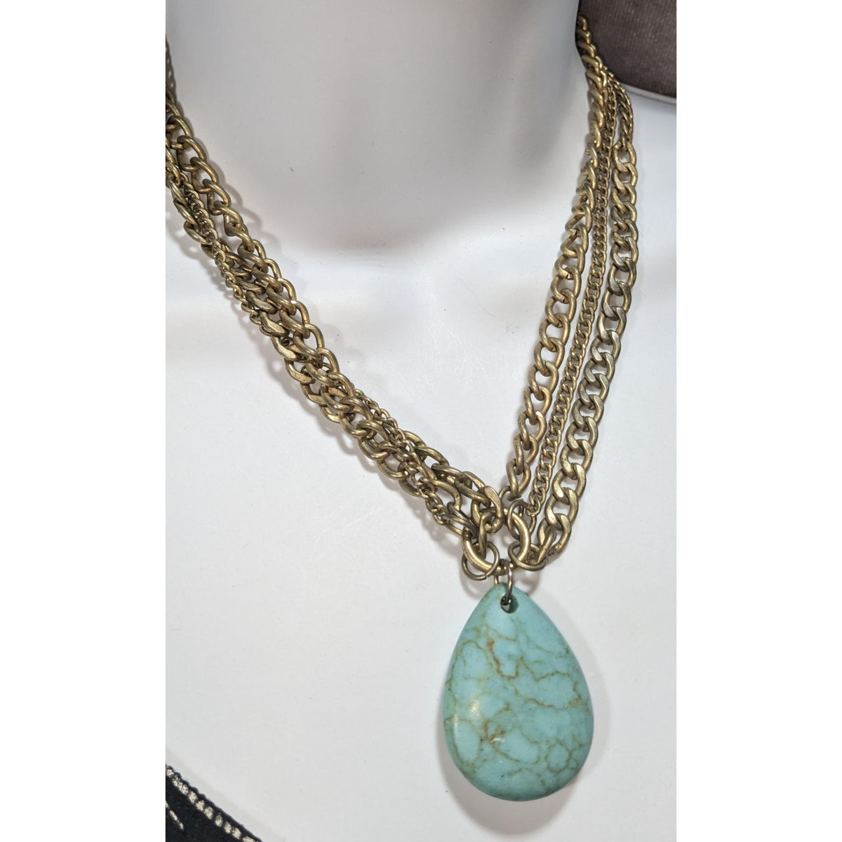 Boho Faux Turquoise Bronze Tone Teardrop Pendant Necklace 17 Inch Preowned