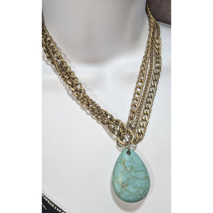 Boho Faux Turquoise Bronze Tone Teardrop Pendant Necklace 17 Inch Preowned