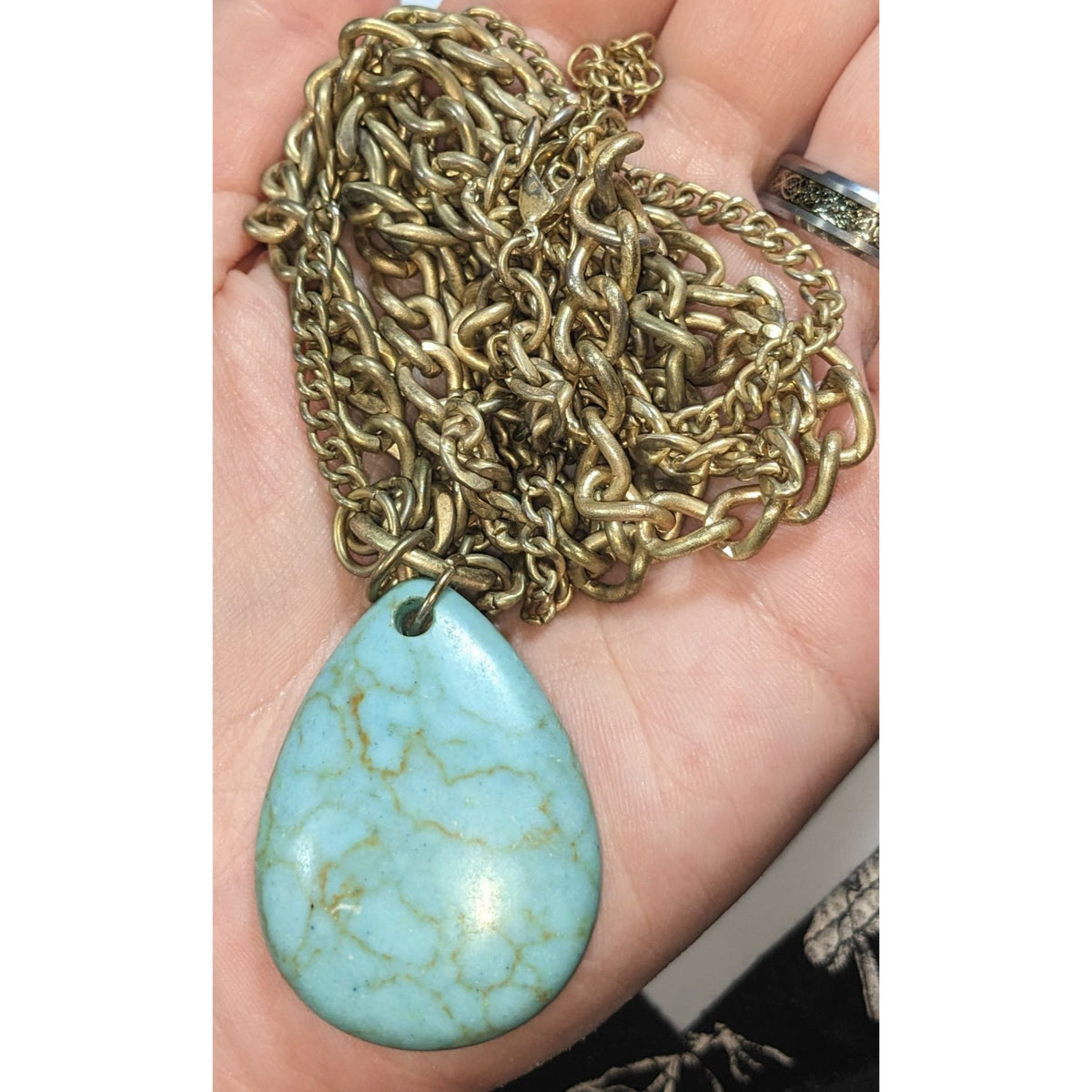 Boho Faux Turquoise Bronze Tone Teardrop Pendant Necklace 17 Inch Preowned