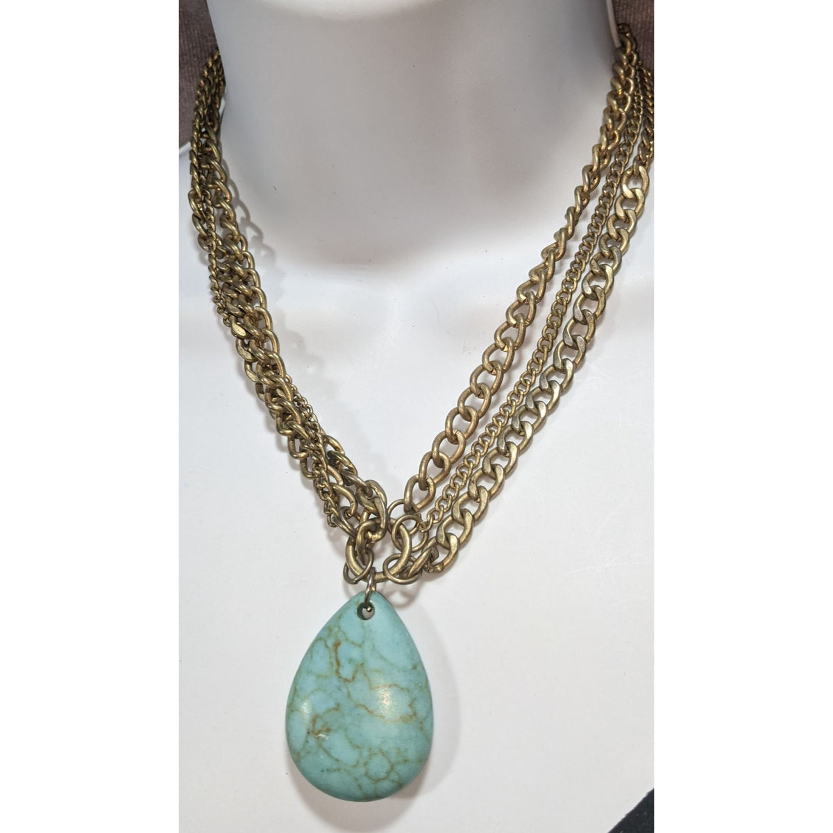 Boho Faux Turquoise Bronze Tone Teardrop Pendant Necklace 17 Inch Preowned