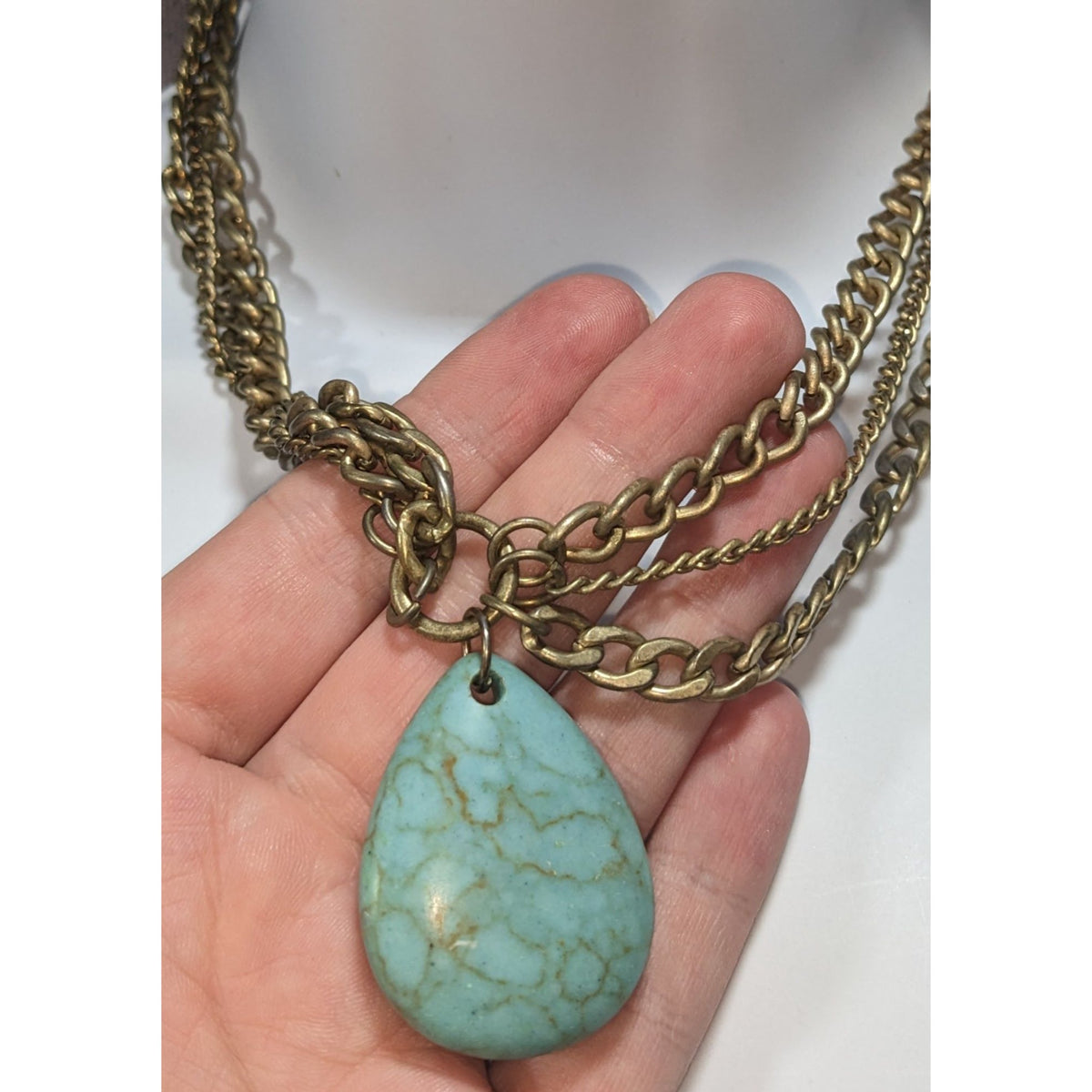 Boho Faux Turquoise Bronze Tone Teardrop Pendant Necklace 17 Inch Preowned
