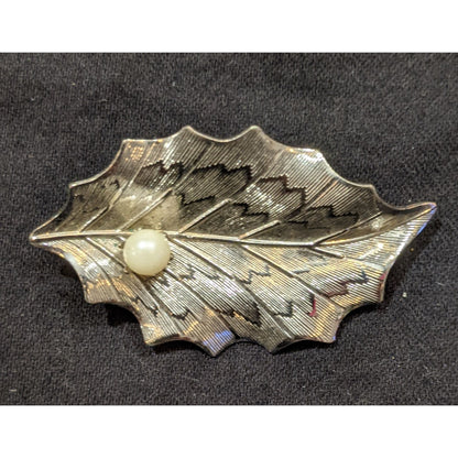 Vintage Oak Leaf Silver Tone Brooch With Faux Pearl Accent