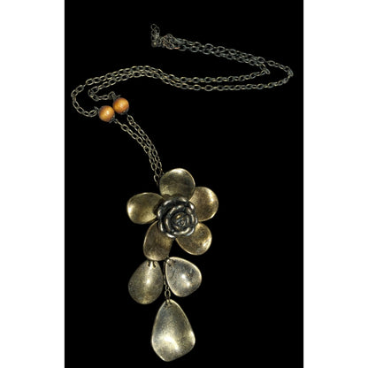 Vintage Large Bronze Flower Pendant Necklace With Chain & Wooden Beads