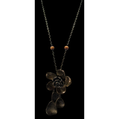 Vintage Large Bronze Flower Pendant Necklace With Chain & Wooden Beads