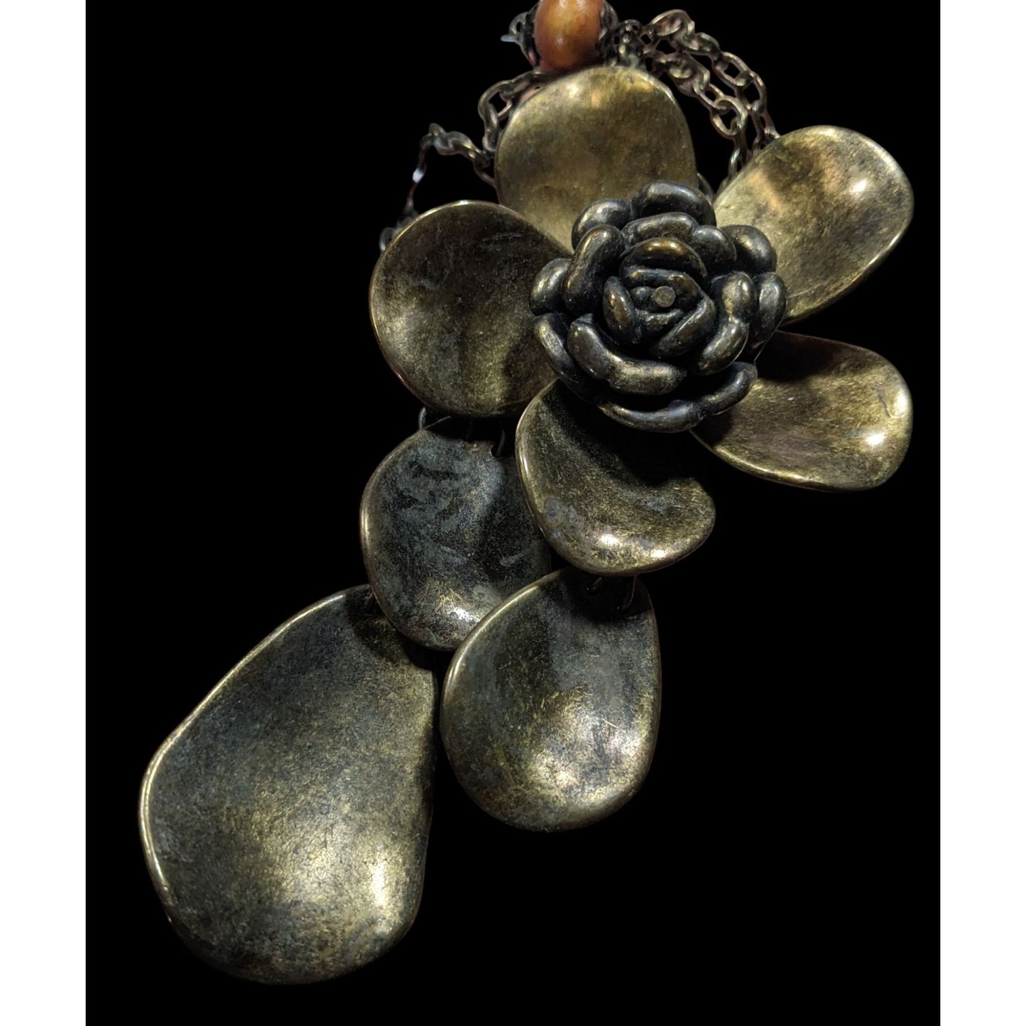 Vintage Large Bronze Flower Pendant Necklace With Chain & Wooden Beads