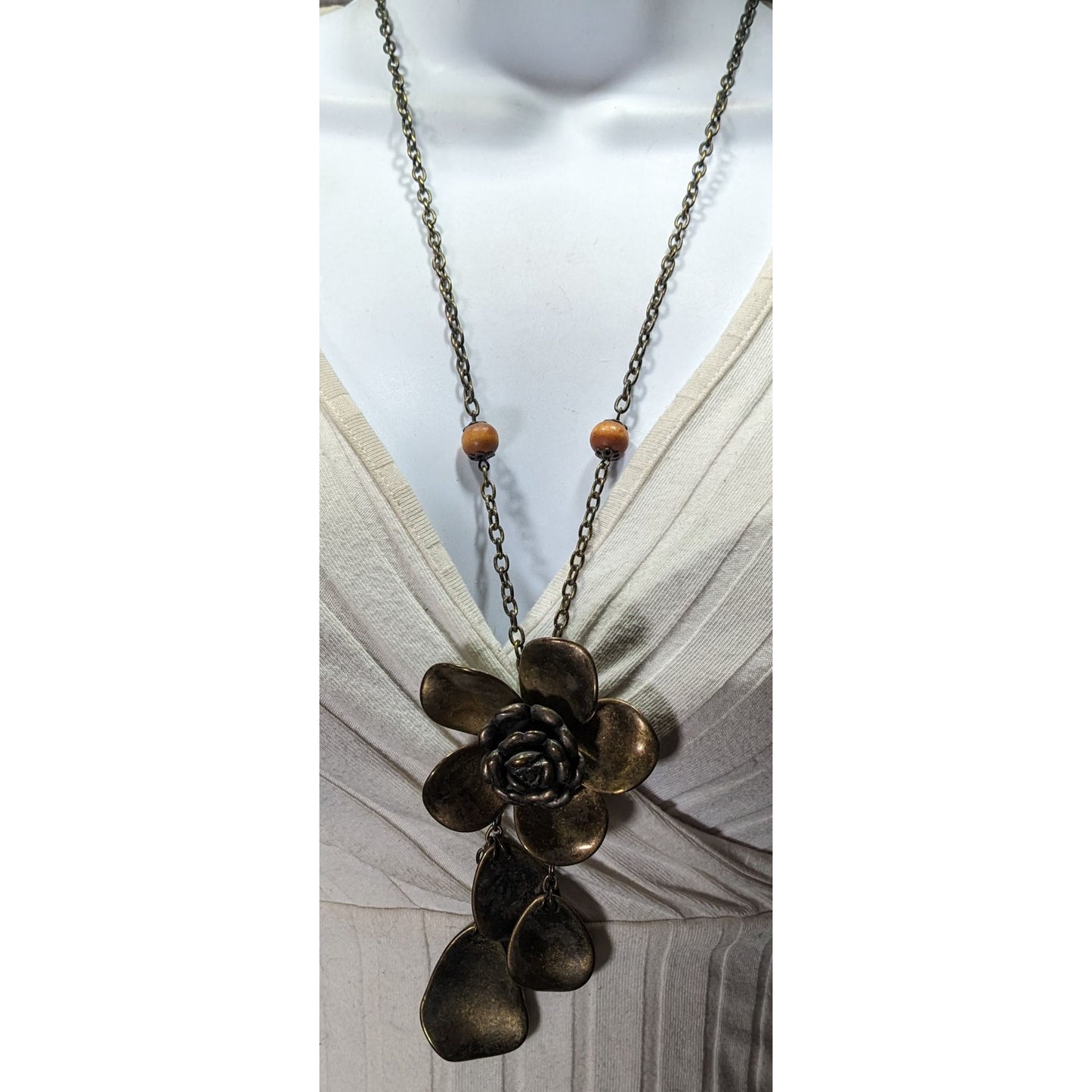Vintage Large Bronze Flower Pendant Necklace With Chain & Wooden Beads