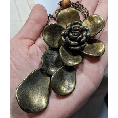Vintage Large Bronze Flower Pendant Necklace With Chain & Wooden Beads