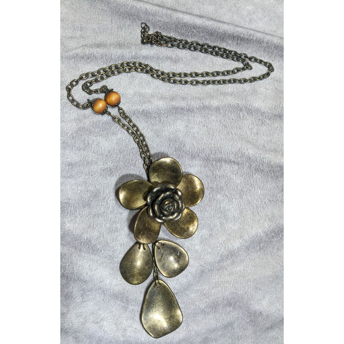 Vintage Large Bronze Flower Pendant Necklace With Chain & Wooden Beads