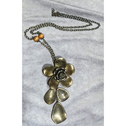 Vintage Large Bronze Flower Pendant Necklace With Chain & Wooden Beads