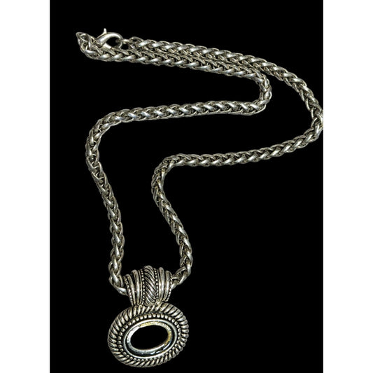 Silver Tone Rope Chain Necklace With Open Bezel Pendant