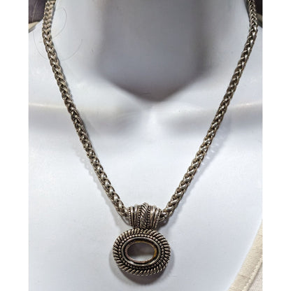 Silver Tone Rope Chain Necklace With Open Bezel Pendant