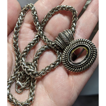 Silver Tone Rope Chain Necklace With Open Bezel Pendant