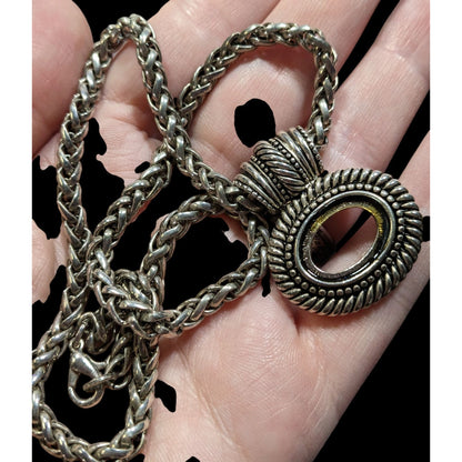 Silver Tone Rope Chain Necklace With Open Bezel Pendant