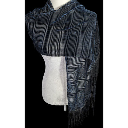 Joann Chaimson Blue Burnt Velvet Fringe Scarf Wrap 60x14 Inches With 5.5-Inch Fringe